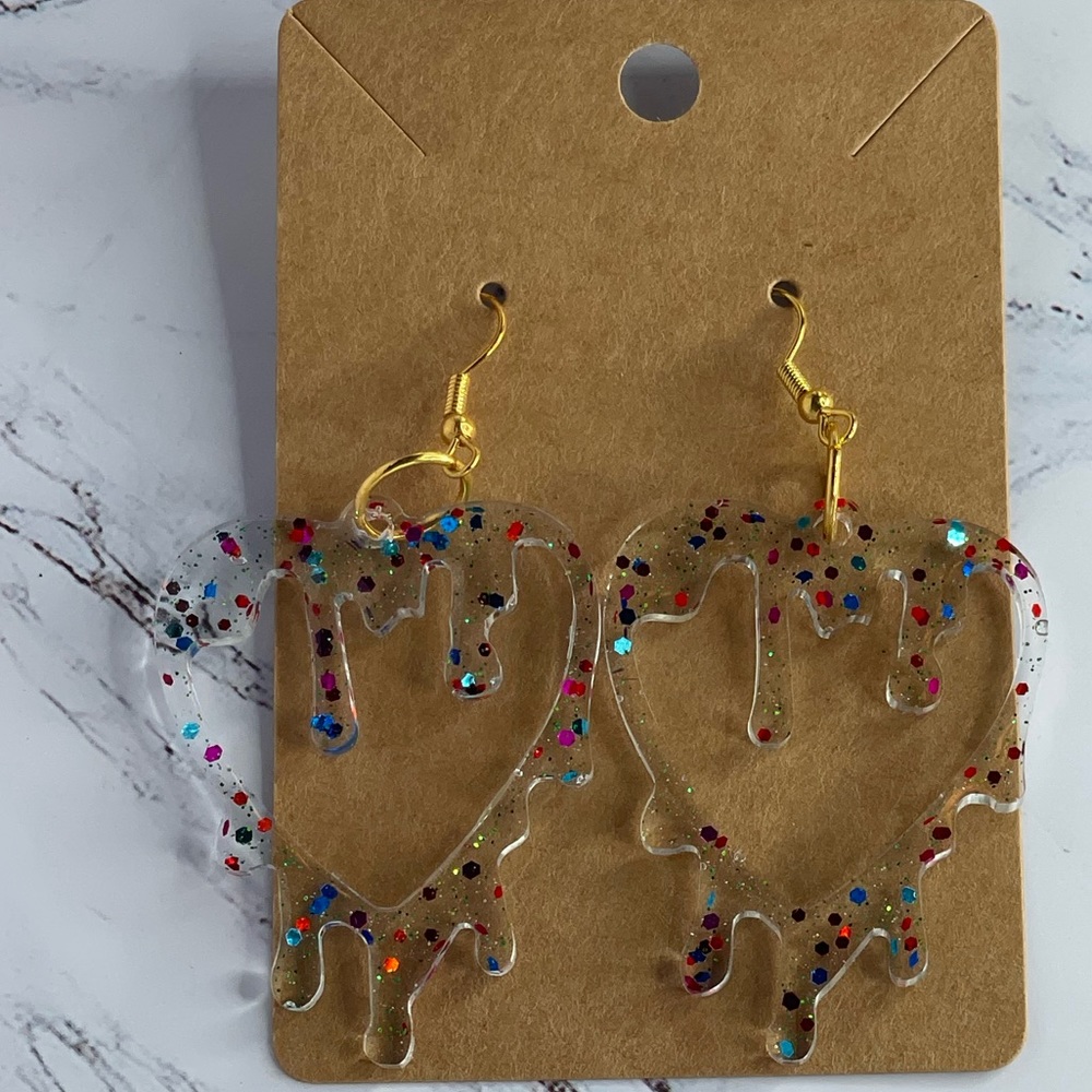 Handmade Resin Earrings | Sparkly Dripping Hearts